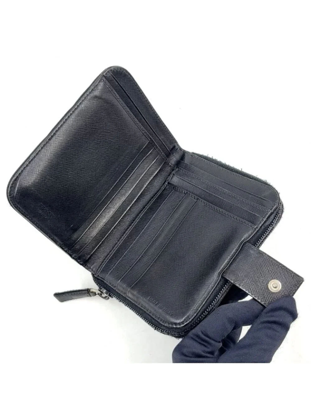 Prada Zip Around Leather Nylon Black Wallet Silver